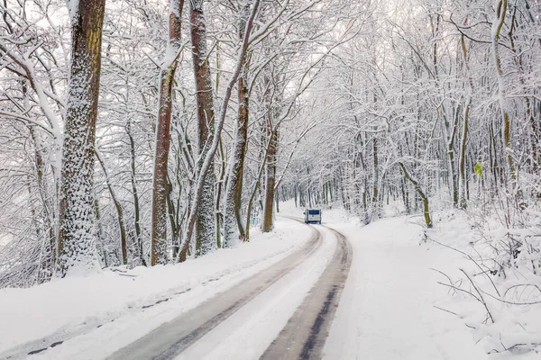 Driving Car Road Winter Forest Snow Covered Trees Snowy Outdoor — Stock Photo, Image