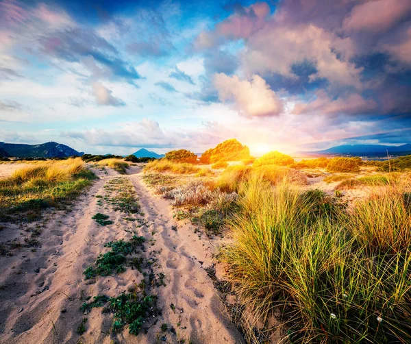 Colorida Vista Primavera Playa Voidokilia Colorido Atardecer Mar Jónico Ubicación — Foto de Stock