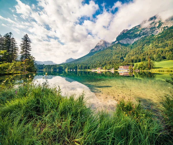 Unglaubliche Sommerszene Hintersee Sonniger Morgenblick Auf Die Bayerischen Alpen Der — Stockfoto