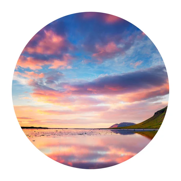 Круглая Икона Природы Пейзажем Красочный Летний Закат Городе Грундароордур Вечерняя — стоковое фото