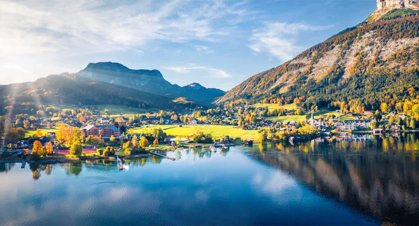 View Flying Drone Sunny Autumn View Altaussee Village Aerial Morning — Stock Photo, Image