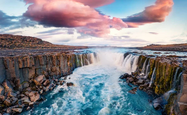 Uitzicht Vanaf Vliegende Drone Van Selfoss Waterval Ongelooflijke Zomer Zonsopgang — Stockfoto