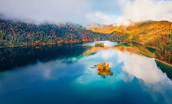 View Flying Drone Misty Morning View Eibsee Lake Zugspitze Mountain — Stock Photo, Image