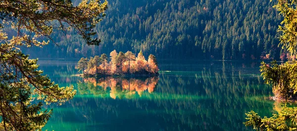 Amazing Autumn Panorama Eibsee Lake Sunny Morning View Small Island — Stock Photo, Image