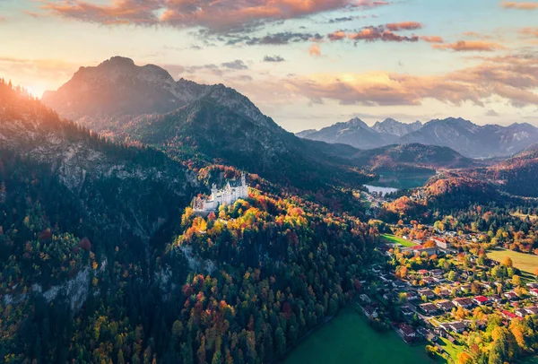 View Flying Drone Incredible Autumn Sunrise Neuschwanstein Castle 19Th Century — Stock Photo, Image