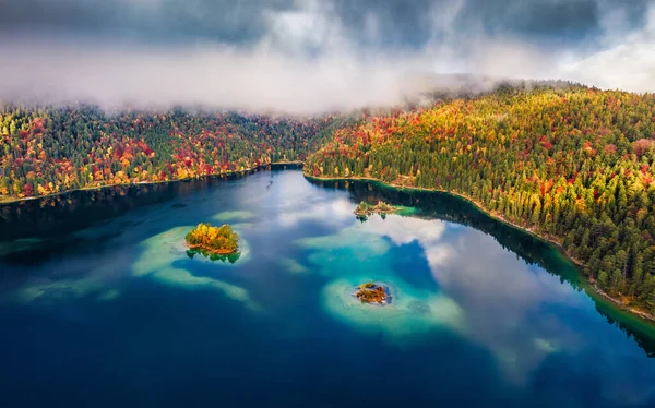 View Flying Drone Small Islands Eibsee Lake Beautifel Autumn Scene — Stock Photo, Image