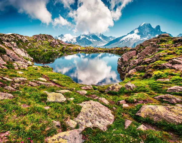 Splendida Vista Estiva Sul Lago Lac Blanc Con Monte Bianco — Foto Stock