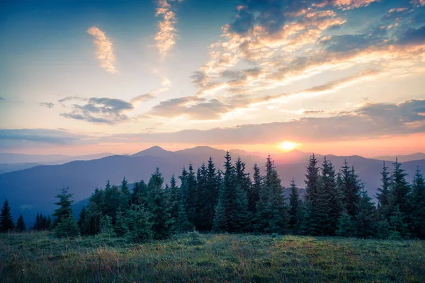 Hermoso Atardecer Verano Las Montañas Última Luz Del Sol Brillando — Foto de Stock