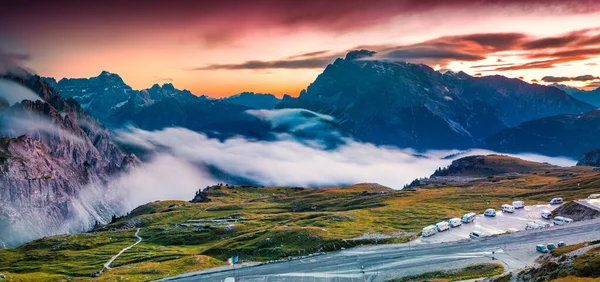 Lago Misuruna Névoa Noite Tarde Noite Parque Nacional Tre Cime — Fotografia de Stock