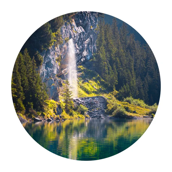 Round icon of nature with landscape. Pure water watterfall on unique lake - Oeschinen/Oeschinensee, Bernese Oberland Alps, Switzerland, Europe. Photography in a circle.