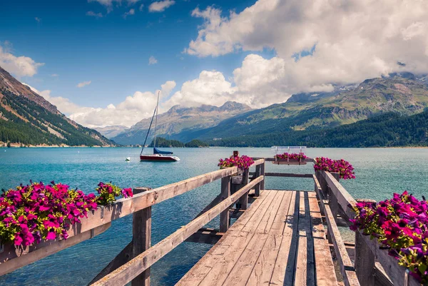 Wooden Pier Sils Lake Yacht Colorful Morning View Swiss Alps — Stock Photo, Image