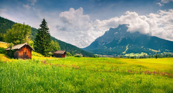 Zelená Louka Golfovém Klubu Zugspitze Uzamykání Vesnice Lermoos Barevné Letní — Stock fotografie