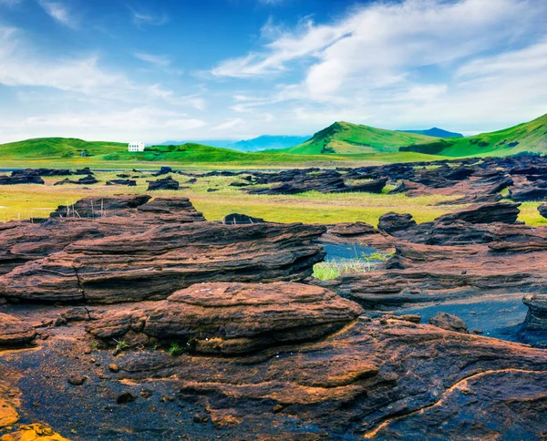 Paisaje Típico Islandés Costa Sur Islandia Colorida Mañana Verano Con —  Fotos de Stock