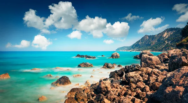 Panoramic Spring View Avali Beach Exciting Morning Seascape Ionian Sea Stock Picture