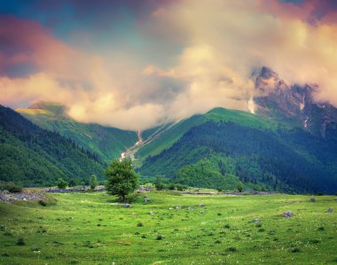 Sisli gündoğumu, alpine meadows güzel görünümü. 