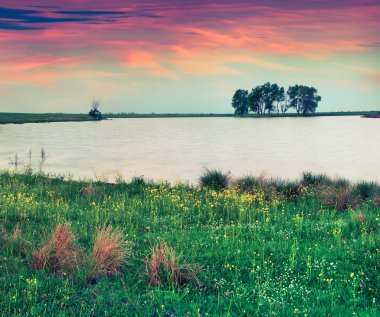 Renkli bahar gündoğumu göl kenarında