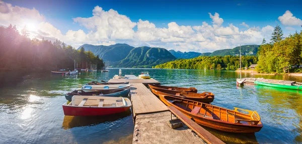 Słoneczny poranek na Jezioro Bohinj — Zdjęcie stockowe