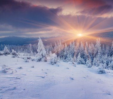 Renkli Kış gündoğumu Dağları. 