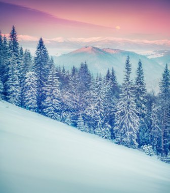 Kış dağlar üzerinde yükselen moon