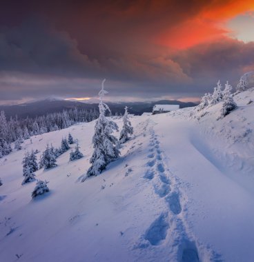 Mystical winter sunset in mountains