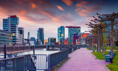 spring sunset on Rhine in Dusseldorf.