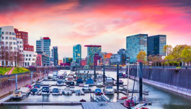 spring sunset on Rhine in Dusseldorf.