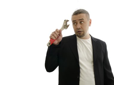 Tesisatçı bir anahtar ile bir zarif ceketli