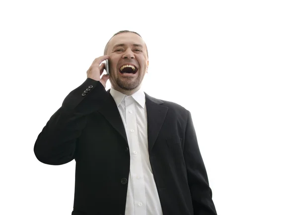 Hombre de negocios con chaqueta riendo y hablando por teléfono —  Fotos de Stock