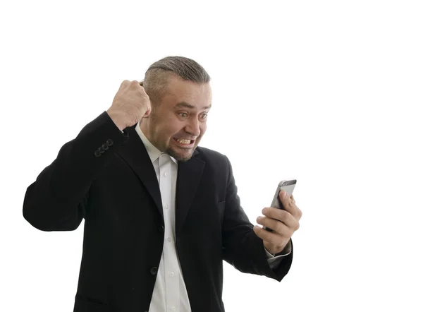 Розлючений бізнесмен в куртці кричить в мобільному телефоні — стокове фото