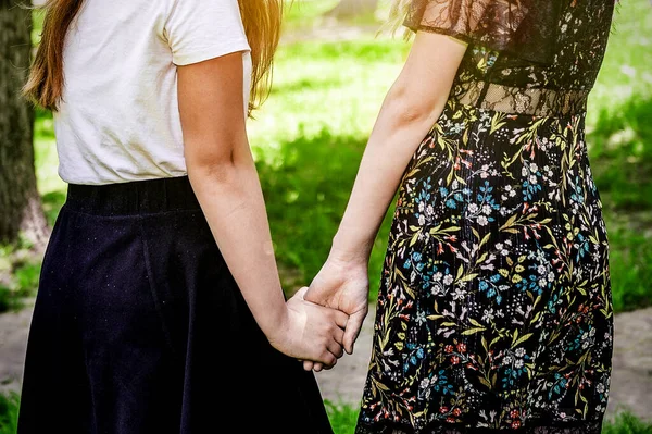 Mãos Meninas Lésbicas Duas Mulheres Dão Mãos Andando Pelo Parque — Fotografia de Stock