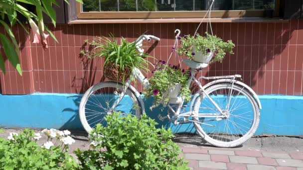 Biały Rower Dekoracji Kosze Kwiatowe Pobliżu Domu — Wideo stockowe