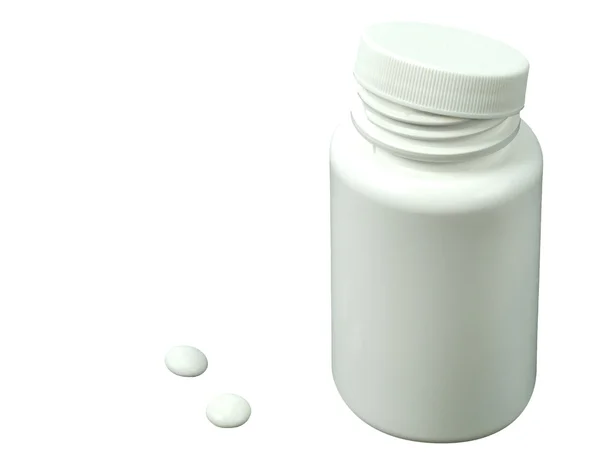 Two white pills with white jar — Stock Photo, Image