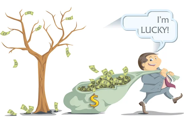 Afortunado hombre de negocios sacando una bolsa con dinero del árbol del dinero — Vector de stock