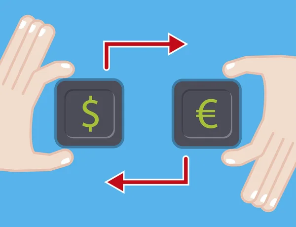 外貨両替。ドル ユーロ記号とフラットの図 — ストックベクタ