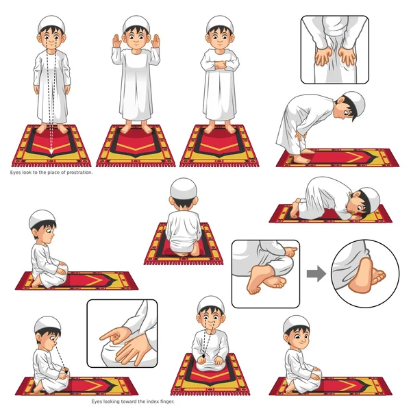 Set complet de poziție de rugăciune musulmană Ghid pas cu pas Efectuați de băiat — Vector de stoc