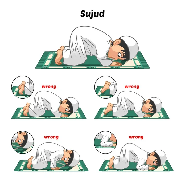 Muslim Prayer Position Guide Step by Step Perform by Boy — Stock Vector