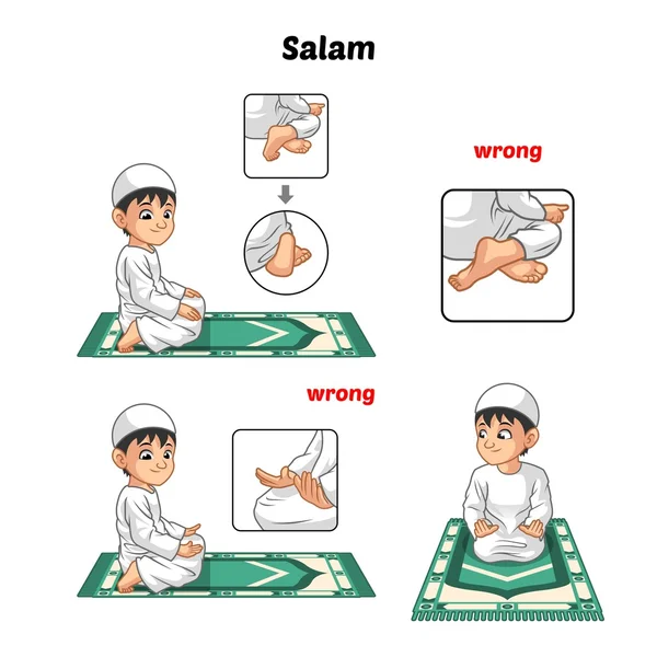 穆斯林祈祷位置指南一步一步执行的男孩 — 图库矢量图片