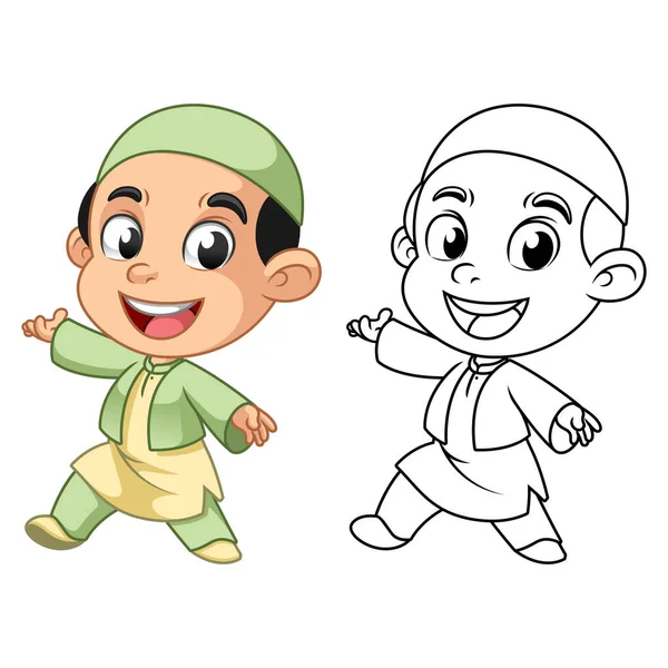 Cute Happy Muslim Boy Present Something Line Art Drawing Children — Stock Vector