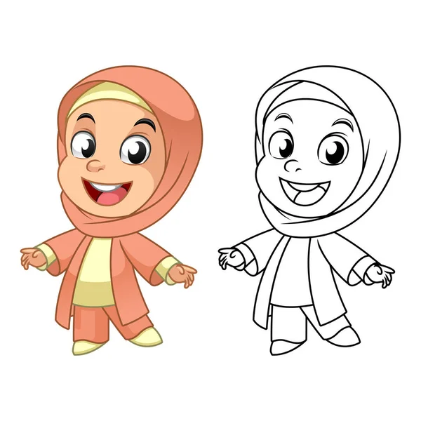Cute Happy Muslim Girl Mengenakan Hijab Dengan Gambar Line Art - Stok Vektor