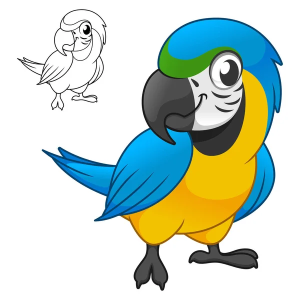 Cute Happy Blue Dan Gold Macau Parrots Berdiri Dengan Line Grafik Vektor