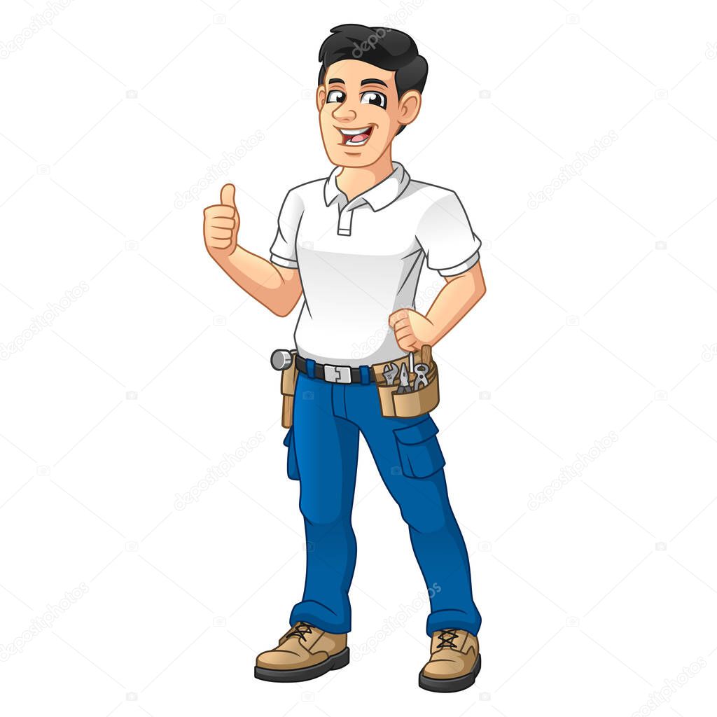 Handyman with a Tool Equipment Belt Thumbs Up Hand, People at Work, Vector Character Illustration, Cartoon Mascot Logo in Isolated White Background.