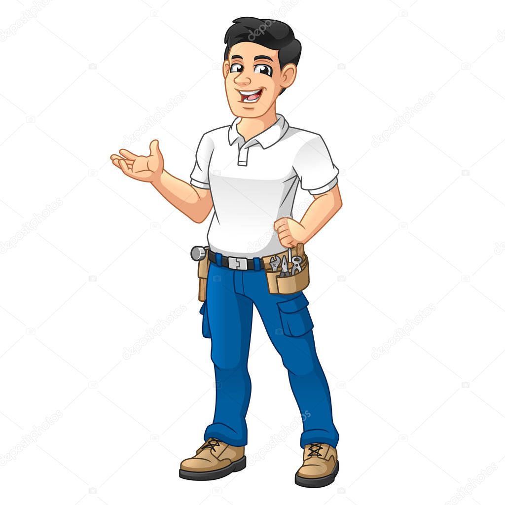 Handyman with a Tool Equipment Belt Present Welcome Hand, People at Work, Vector Character Illustration, Cartoon Mascot Logo in Isolated White Background.
