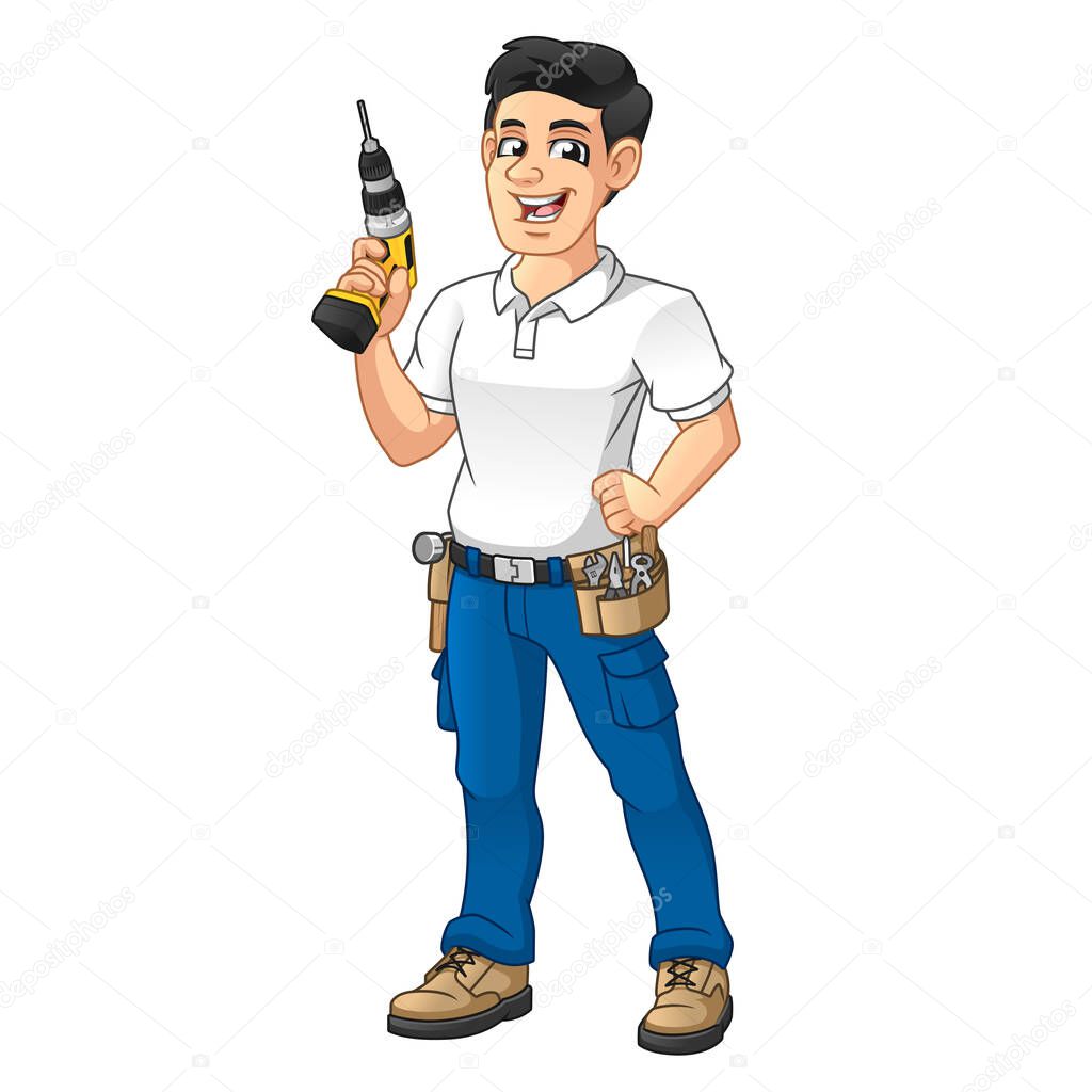 Handyman with a Tool Equipment Belt Holding Cordless Drill, People at Work, Vector Character Illustration, Cartoon Mascot Logo in Isolated White Background.