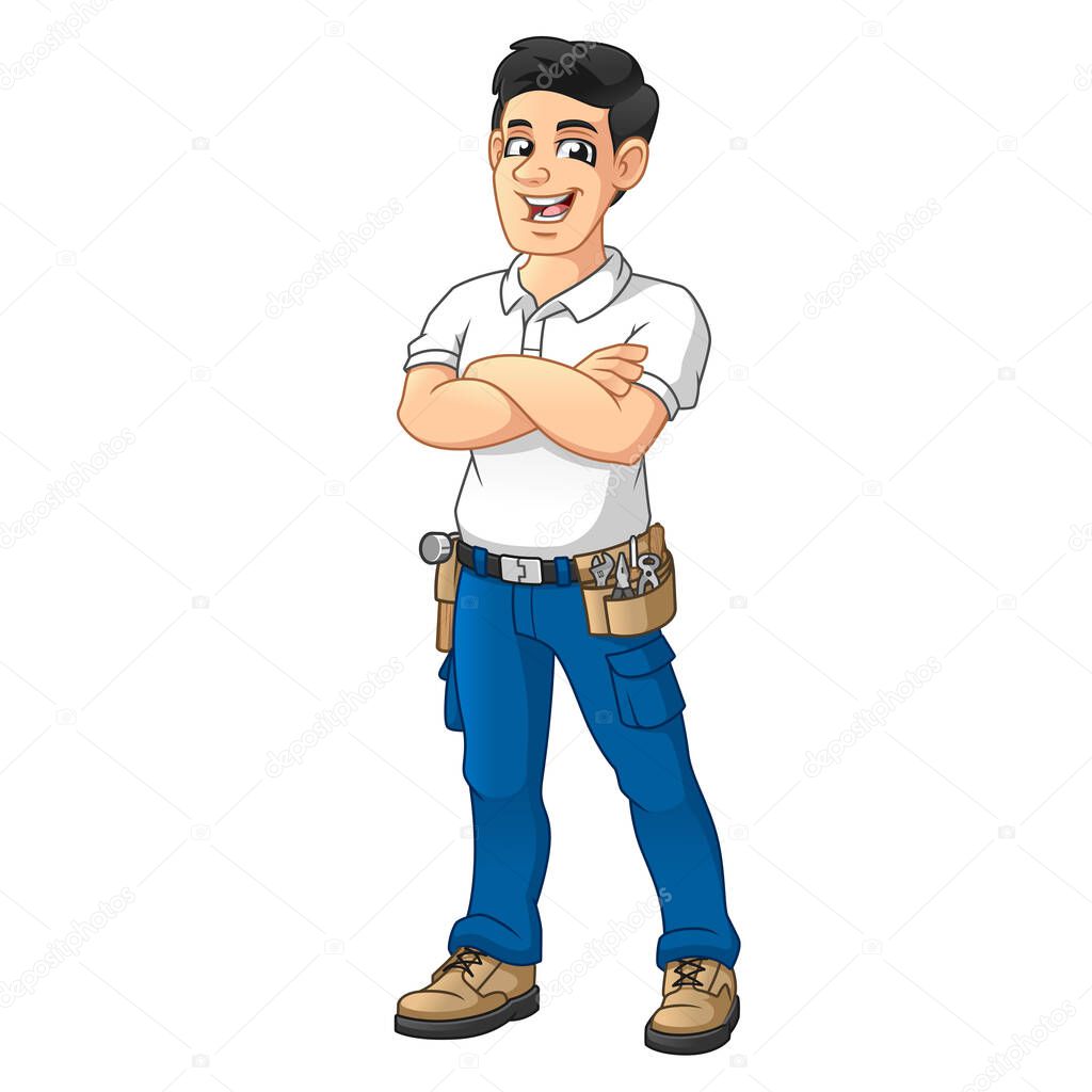 Handyman with a Tool Equipment Belt Cross Arms, People at Work, Vector Character Illustration, Cartoon Mascot Logo in Isolated White Background.