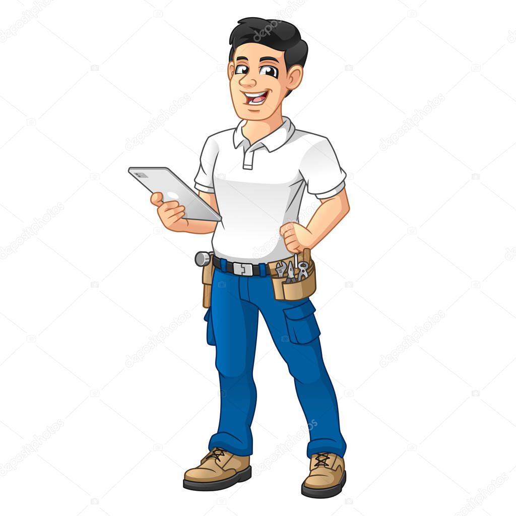 Handyman with a Tool Equipment Belt Holding Tablet, People at Work, Vector Character Illustration, Cartoon Mascot Logo in Isolated White Background.