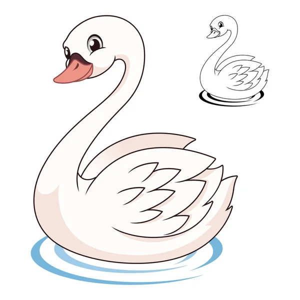 ラインアートで水の中に美しい白い白鳥の水泳 動物の鳥 ベクトルキャラクターイラスト 孤立した白い背景の漫画マスコットのロゴ — ストックベクタ