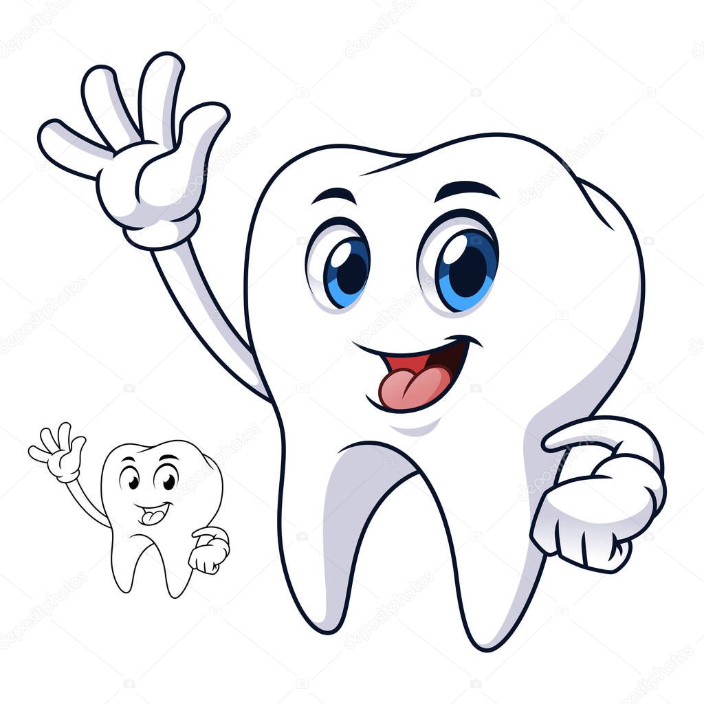 Tooth Waving Hand with Line Art Drawing, Health and Dental Medicine, Vector Character Illustration, Cartoon Mascot Logo in Isolated White Background.