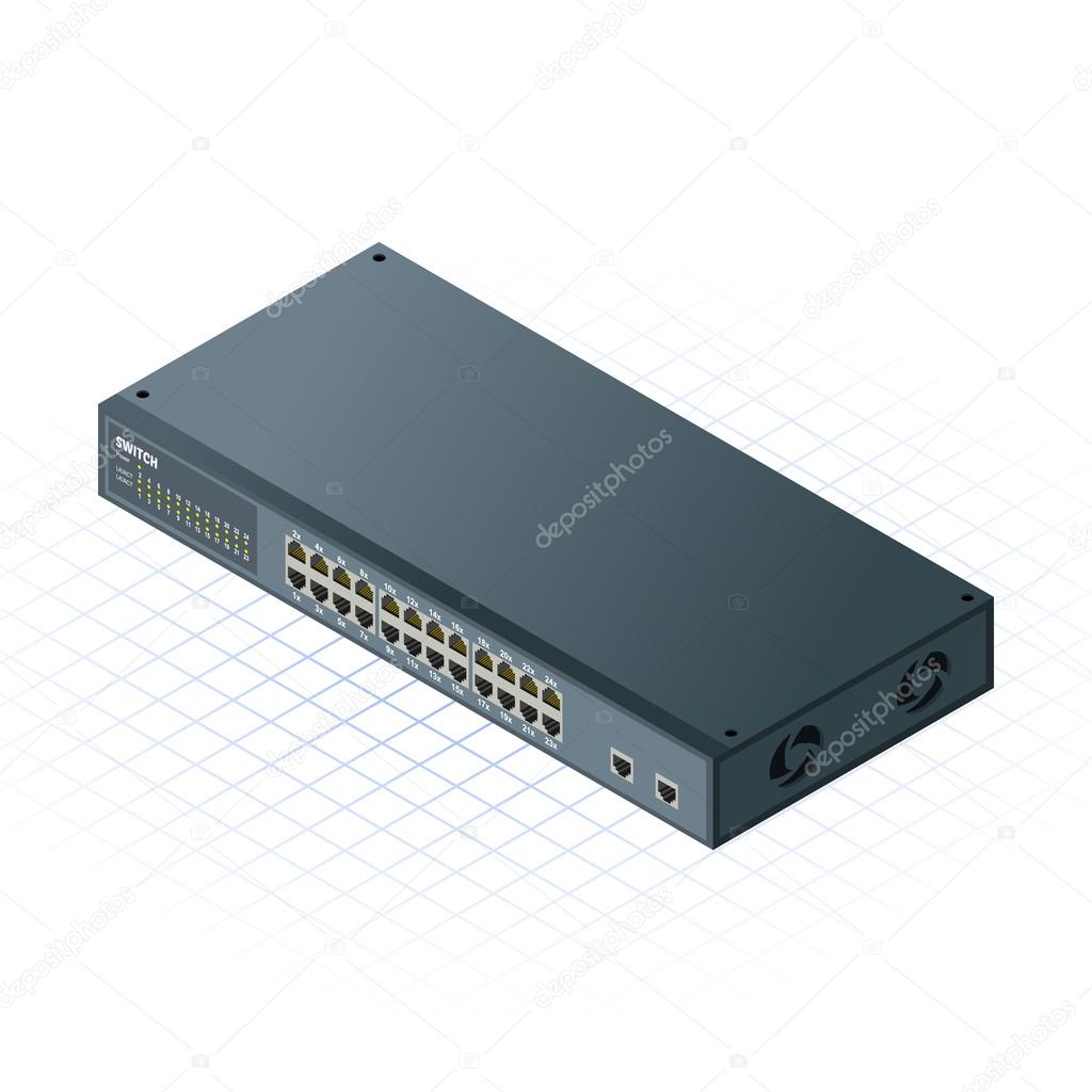 Isometric Switch 24 Ports with 2 Uplink Ports Vector Illustration