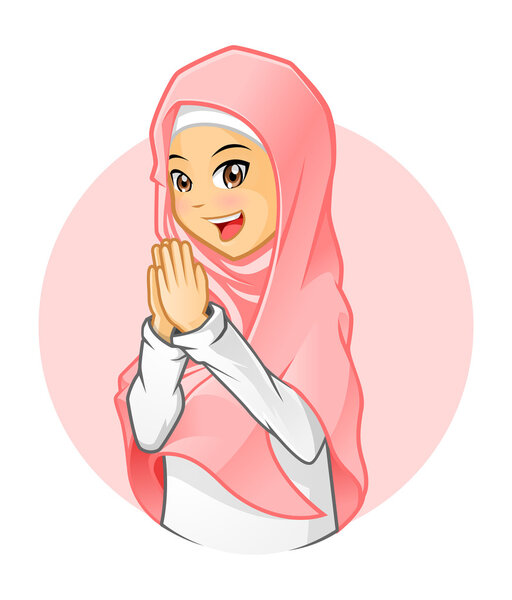 Высококачественная мусульманка в розовой вуали с приветственными руками
