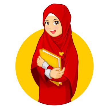 Muslim Woman with Hugging a Book Wearing Red Veil clipart